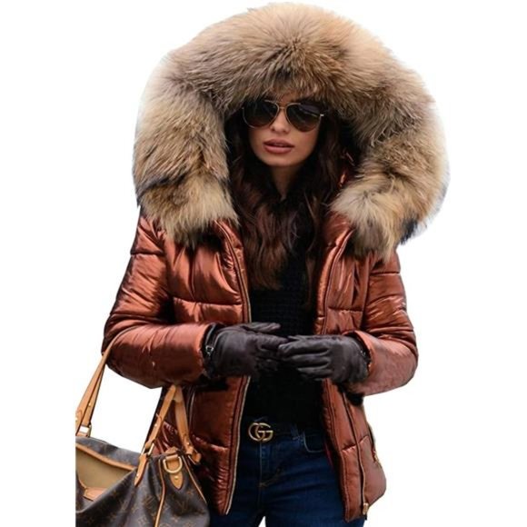 Women's Quilted Winter Coat Fur Collar Hooded Down Jacket Parka